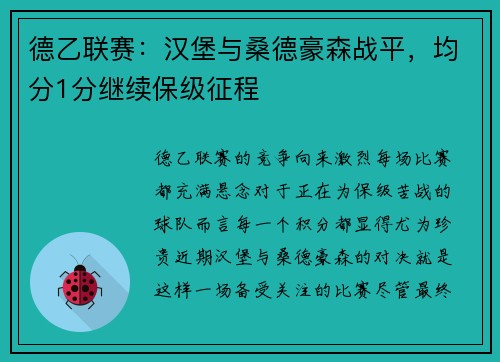 德乙联赛：汉堡与桑德豪森战平，均分1分继续保级征程