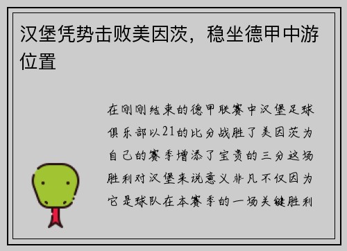 汉堡凭势击败美因茨，稳坐德甲中游位置